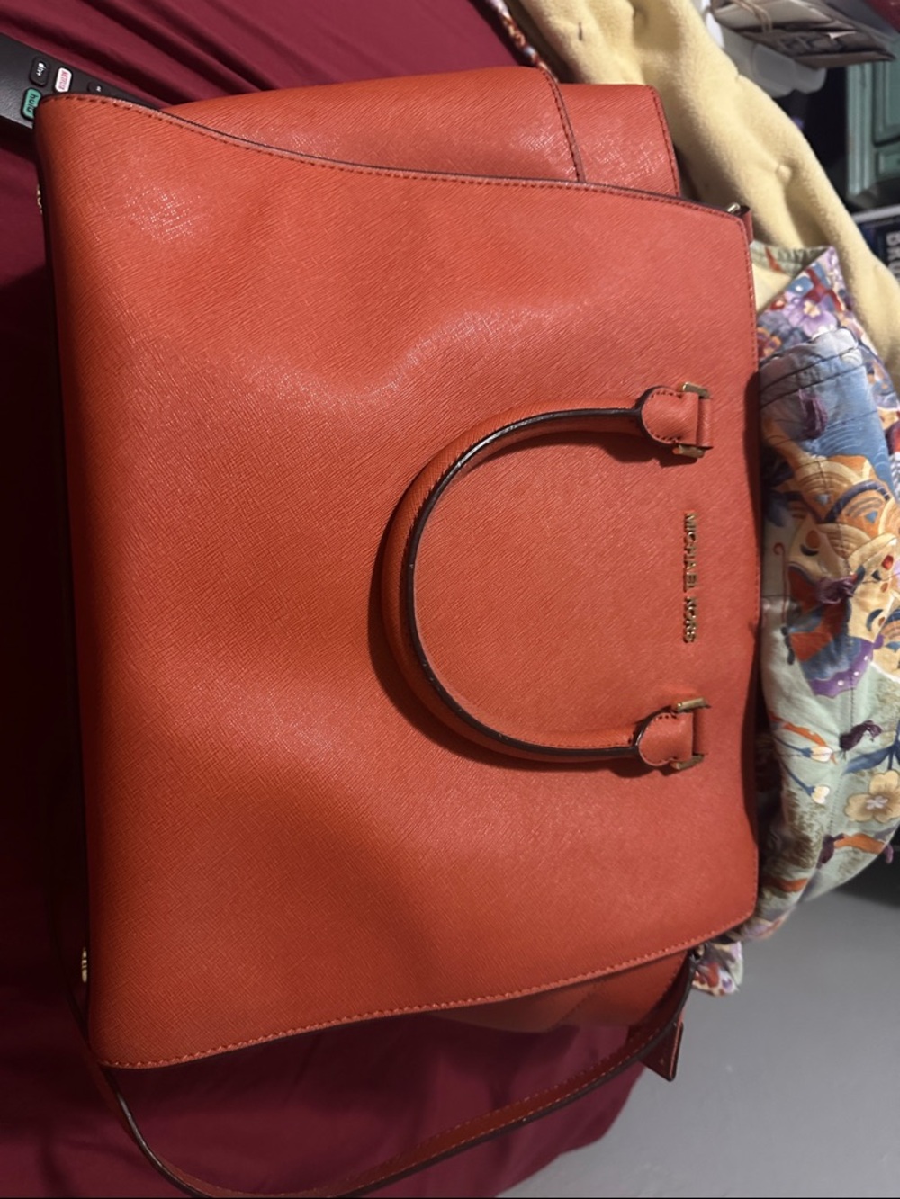 Michael Kors Coral-Orange Saffiano Tote with Top Handles